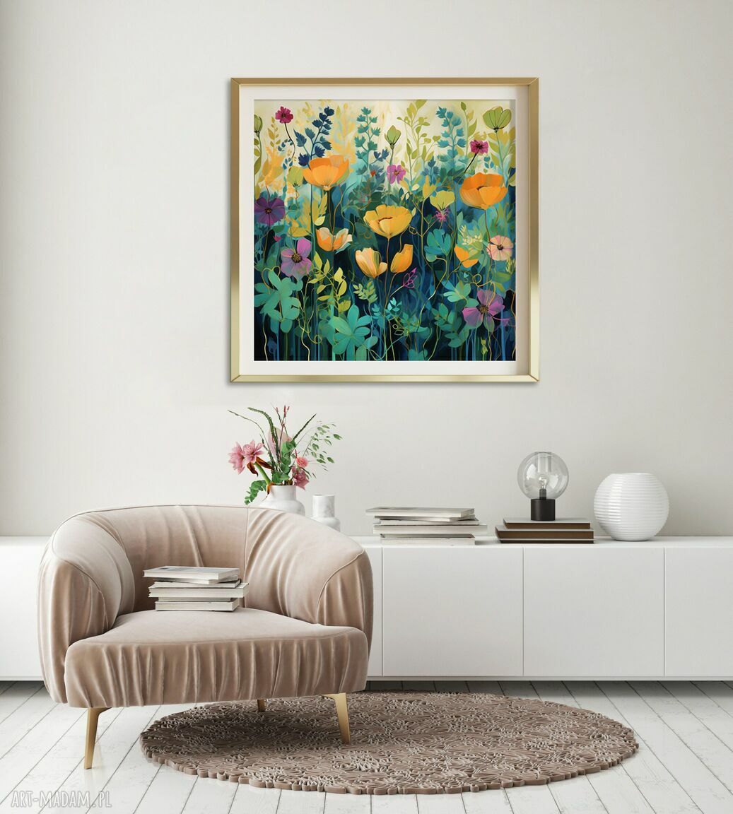 Obraz letnia łąka kwietna - wydruk artystyczny 50x50 cm (plakat botaniczny)