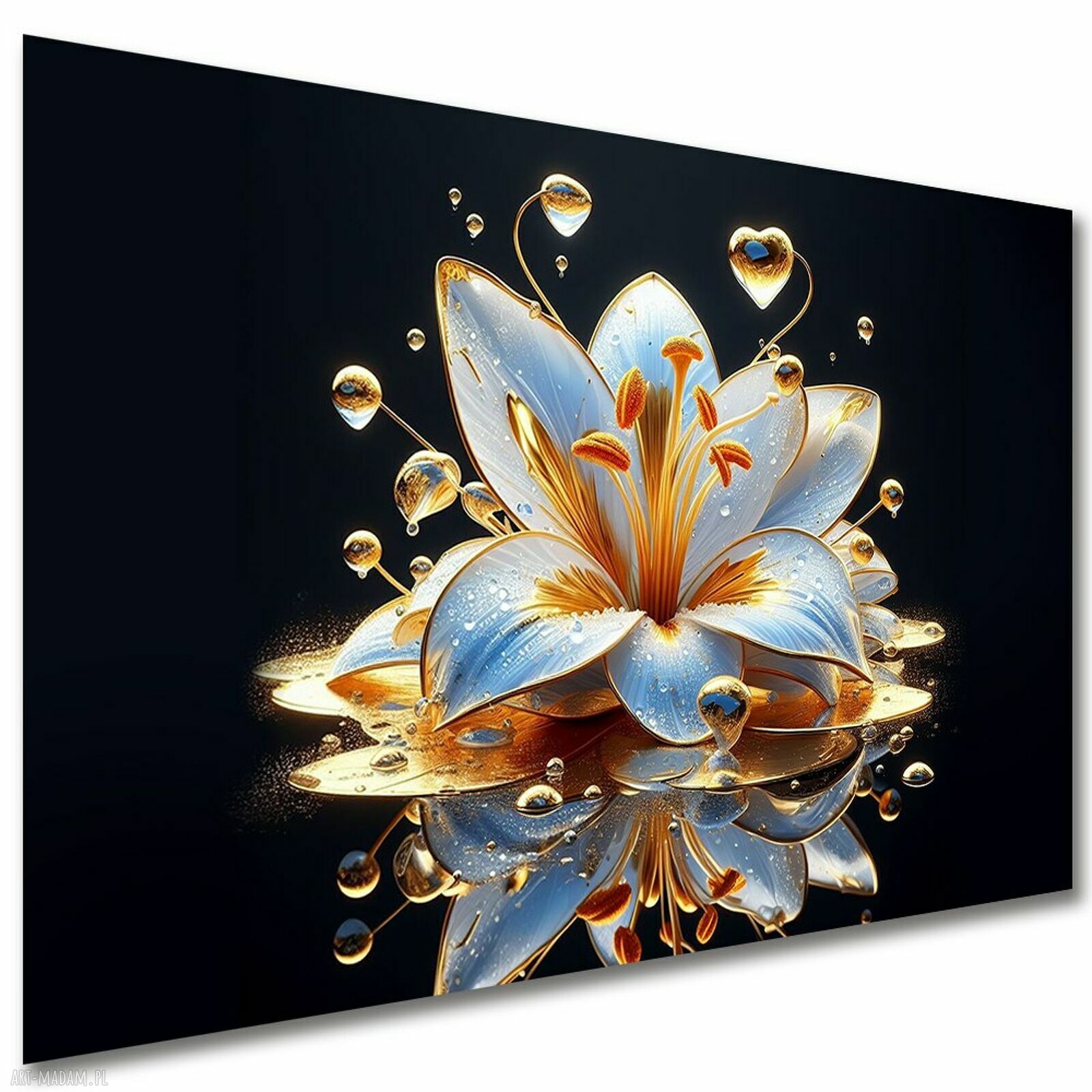 Obraz lilia 3D na płótnie 120x80 cm - złoto, błękit i czerń glamour