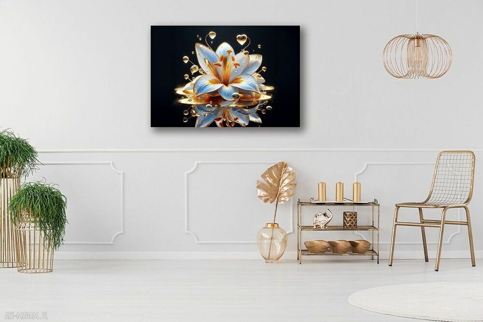 Obraz lilia 3D na płótnie 120x80 cm - złoto, błękit i czerń glamour