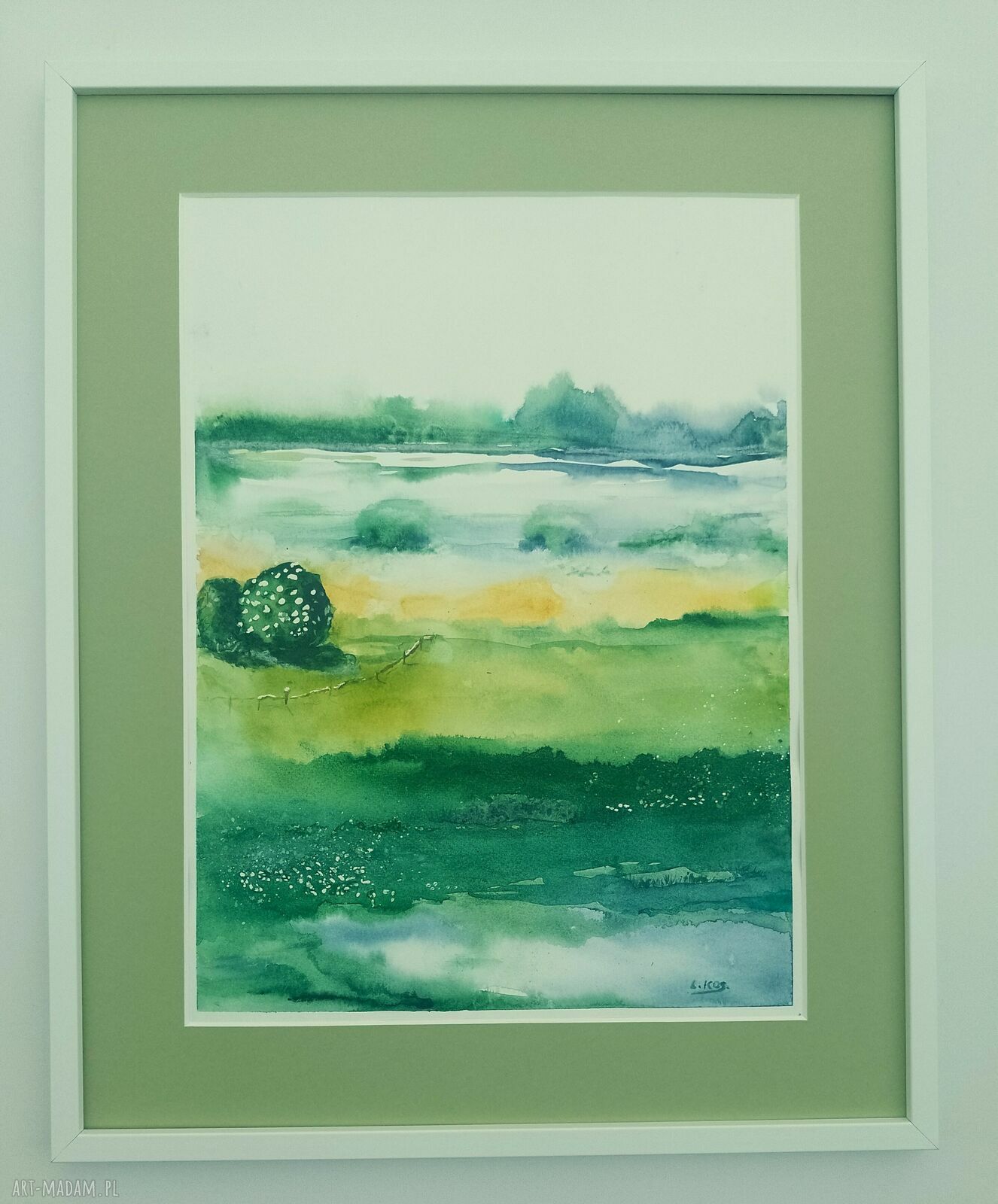 Akwarela „Nad Rozlewiskiem” 52x42 - gotowy do zawieszenia pejzaż w białej ramie