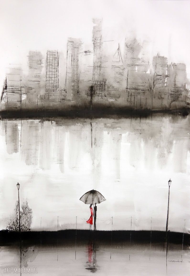 Obraz malowany ręcznie 70x100 cm - deszczowa ulica, abstrakcja (Rain)