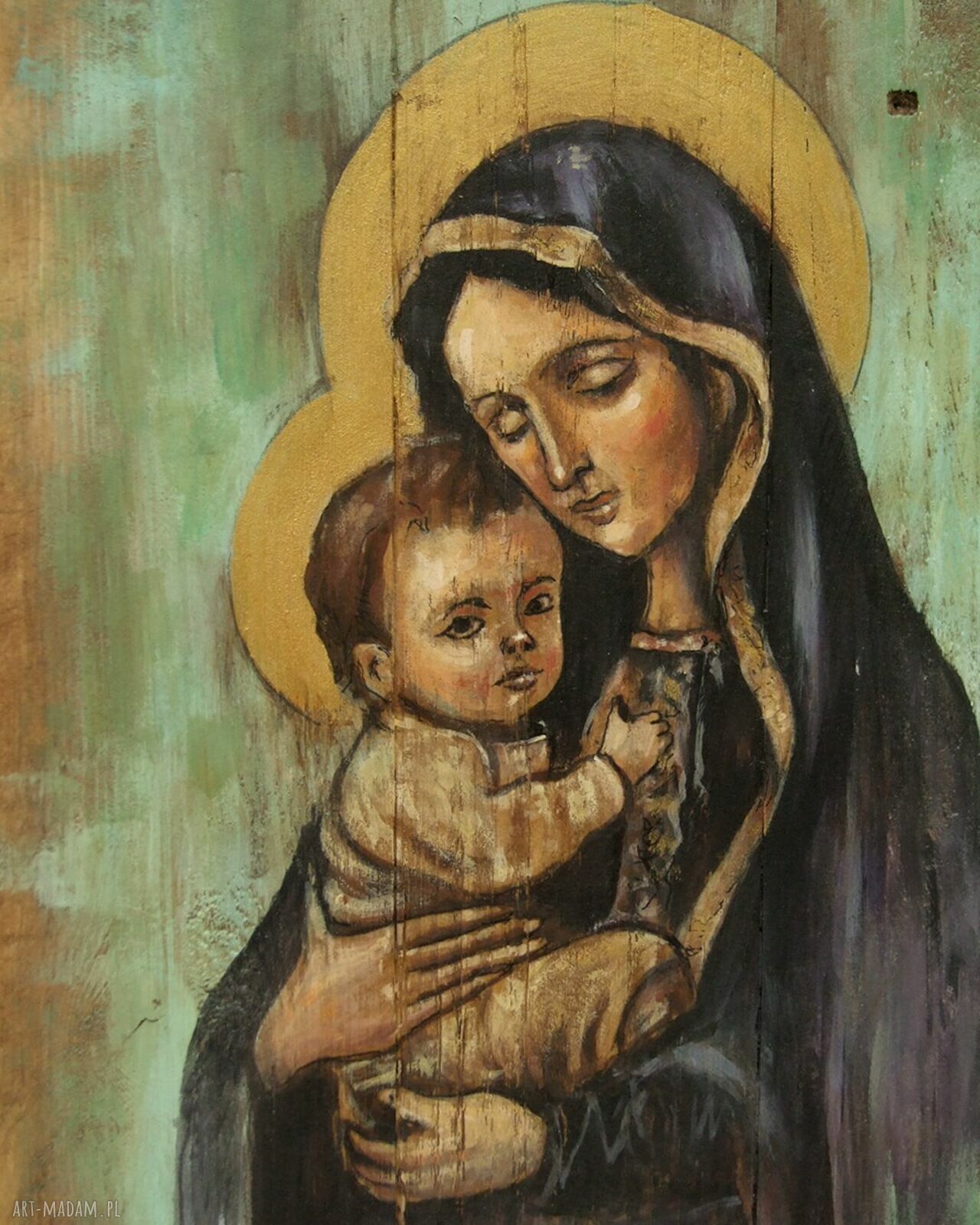 Obraz Madonna z Dzieciątkiem - ręcznie malowany na starych deskach