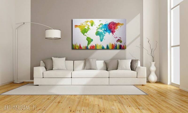 Kolorowa mapa świata 3D - obraz ręcznie malowany 96x54 cm