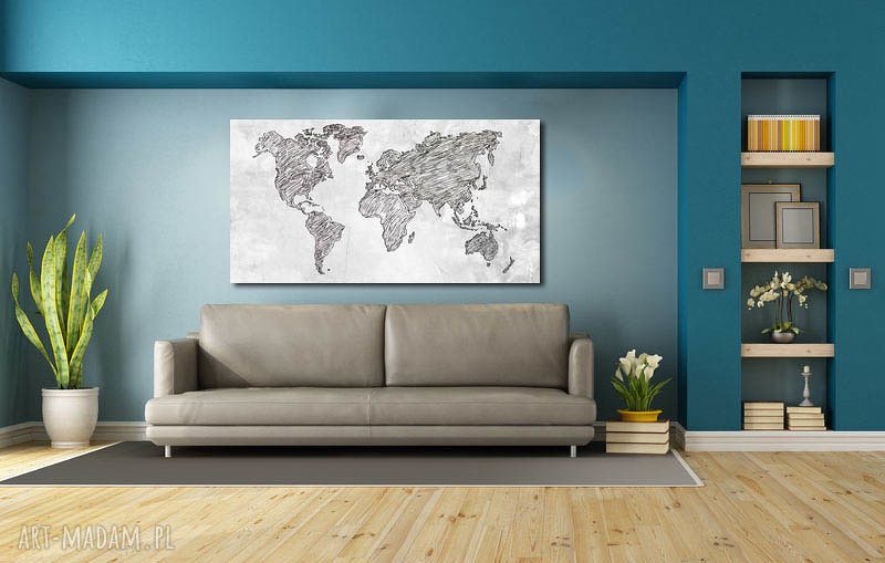 Obraz Mapa Świata 120x70 na płótnie szary - gotowy do powieszenia