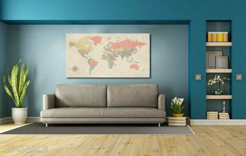 Mapa świata 120x70 cm na płótnie Canvas - kolorowa dekoracja gotowa do zawieszenia