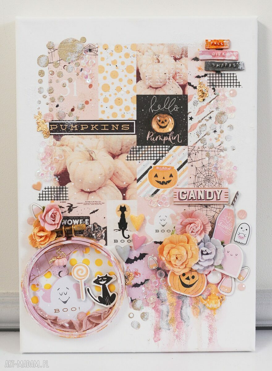 Obraz mix-mediowy SWEET HALLOWEEN - duchy, dynie i kwiaty 25x35 cm