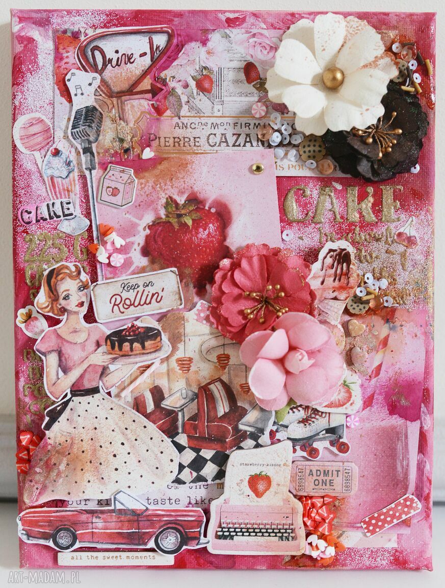 Kulinarny vintage na ścianę: kobieta w retro kuchni w technice mix-media (18x24)