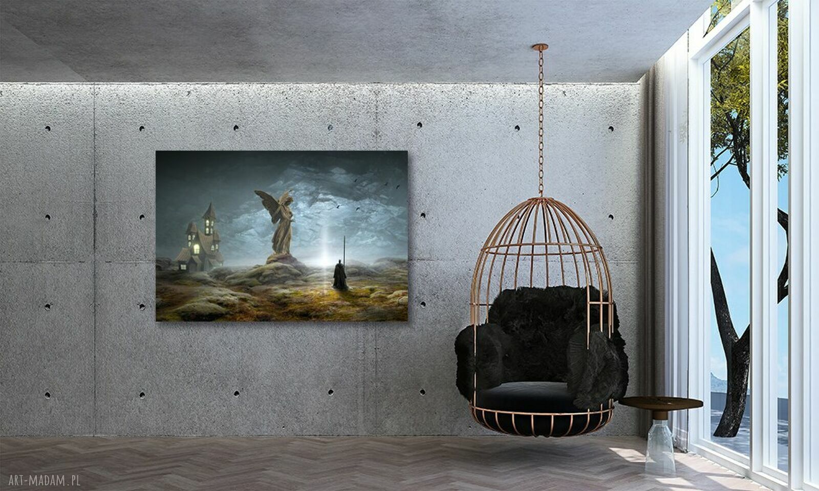 Mroczny anioł i gotycki zamek - obraz fantasy 120x80 cm