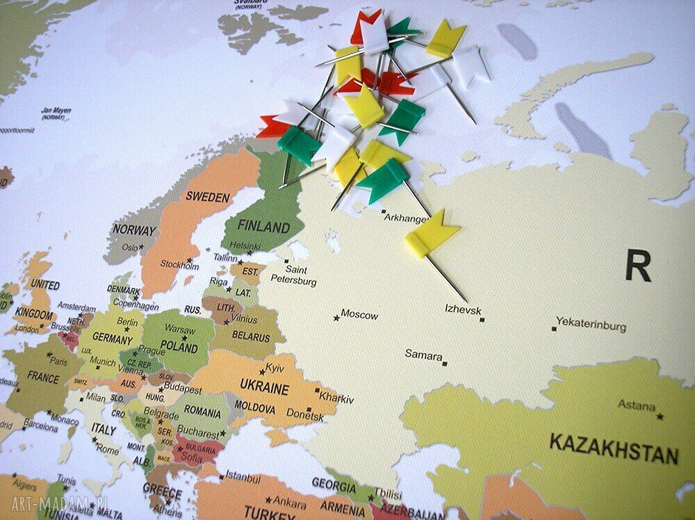 Obraz na korku MAPA ŚWIATA 120x70 cm - turkusowa tablica z pinezkami