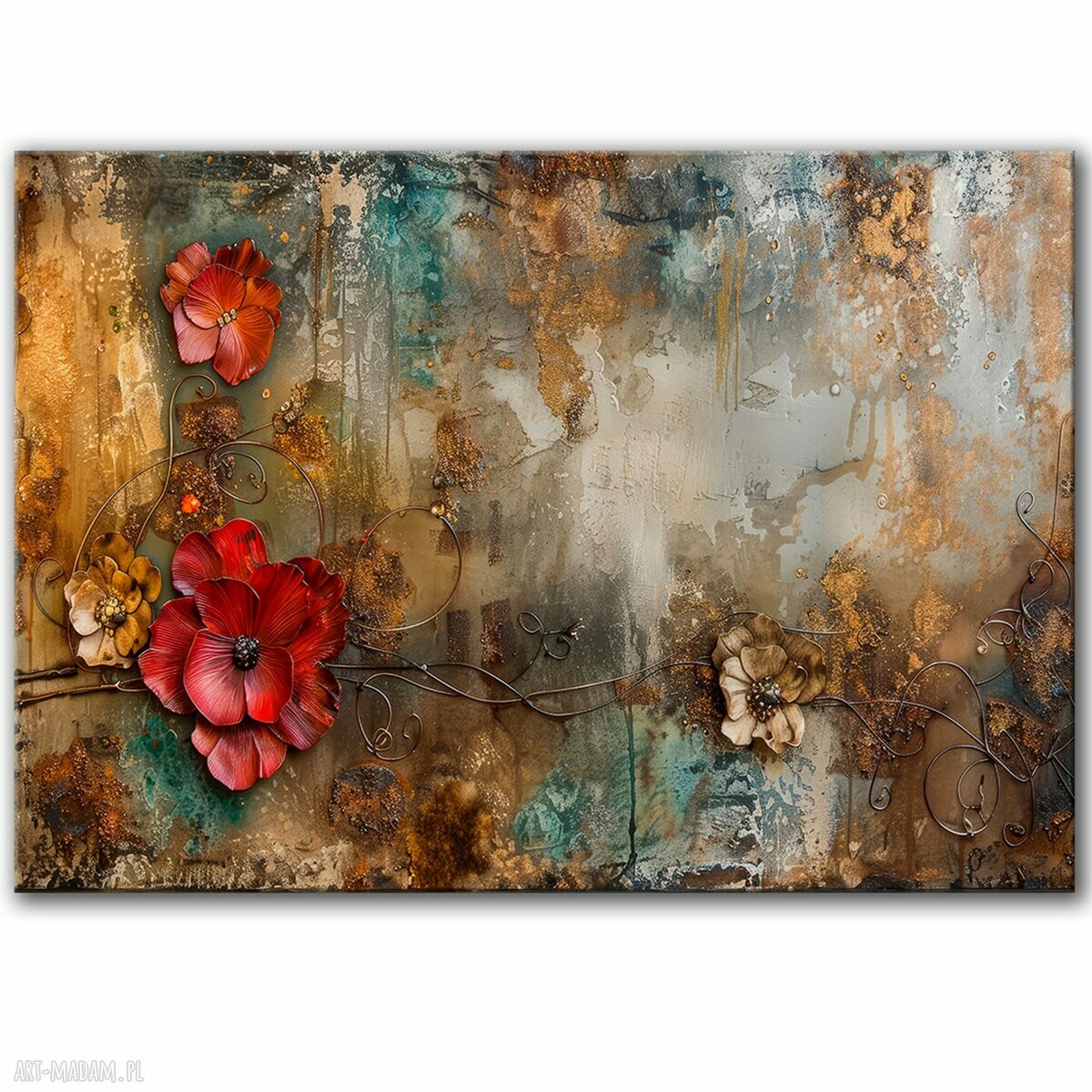 Kwiaty shabby chic na płótnie 100x70 cm - gotowy do zawieszenia
