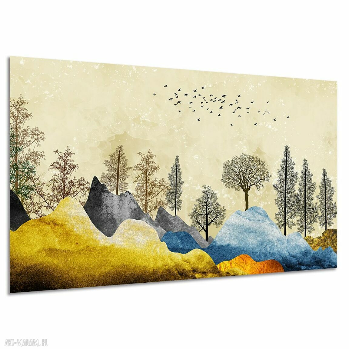 Obraz na płótnie 120x80 cm - abstrakcyjne złote góry, drzewa i ptaki