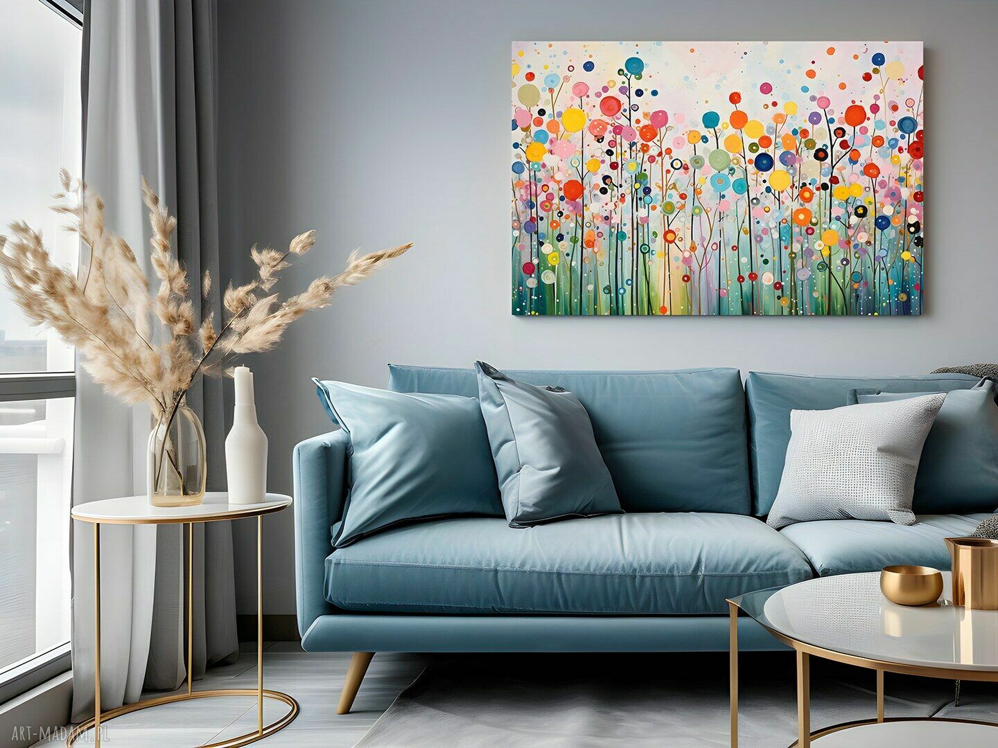 Abstrakcyjny obraz na płótnie z kwiatami i kołami - 120x80 cm do sypialni i salonu