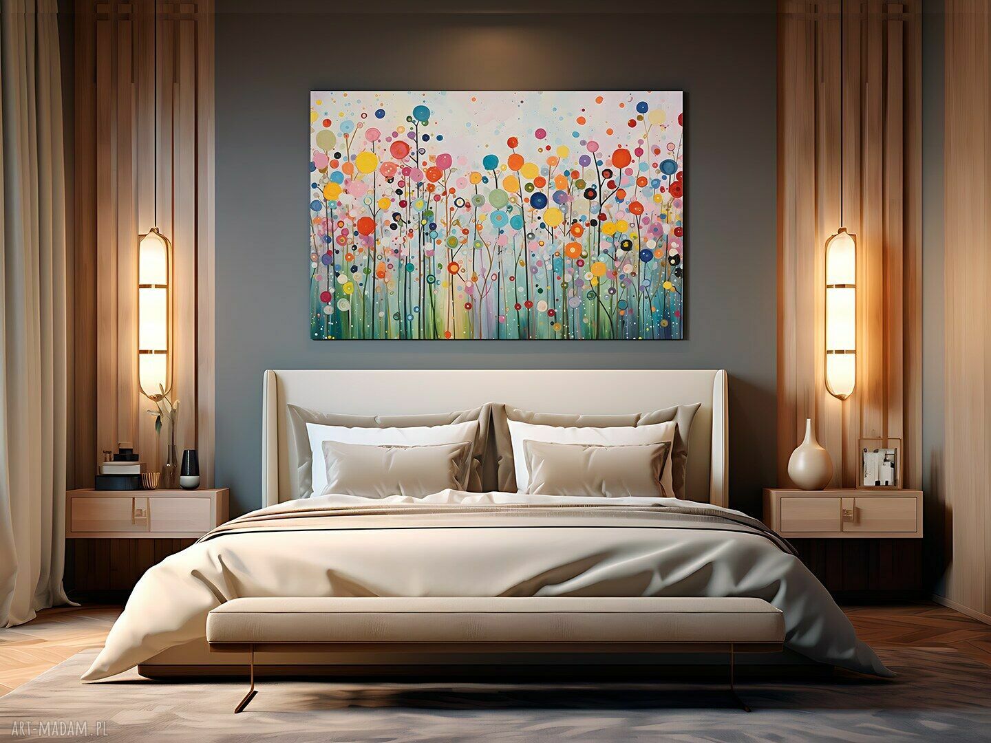 Abstrakcyjny obraz na płótnie z kwiatami i kołami - 120x80 cm do sypialni i salonu