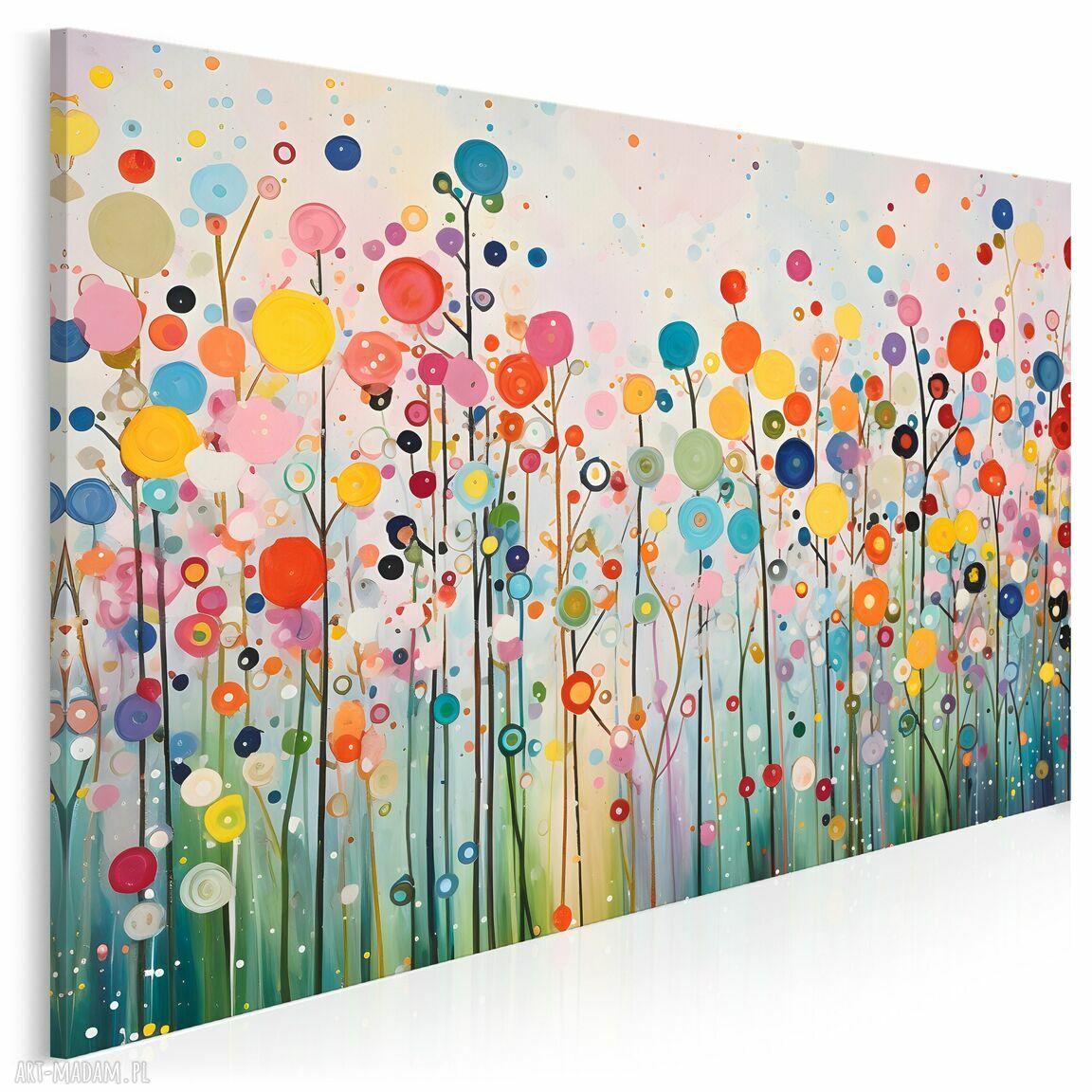 Abstrakcyjny obraz na płótnie z kwiatami i kołami - 120x80 cm do sypialni i salonu