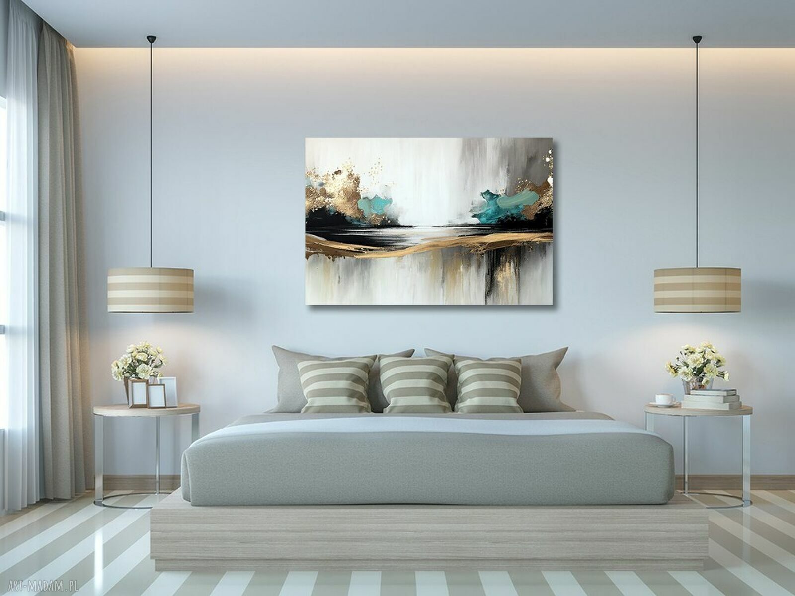 Nowoczesny obraz abstrakcyjny na płótnie 120x80 cm - turkus, złoto i czerń