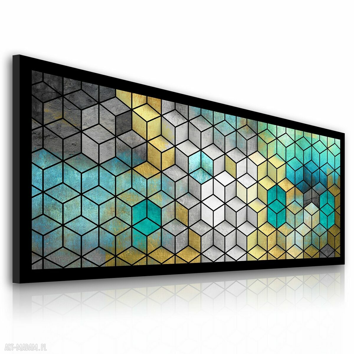 Obraz na płótnie 147x60 cm - abstrakcyjne sześciany, turkus, szary i beż