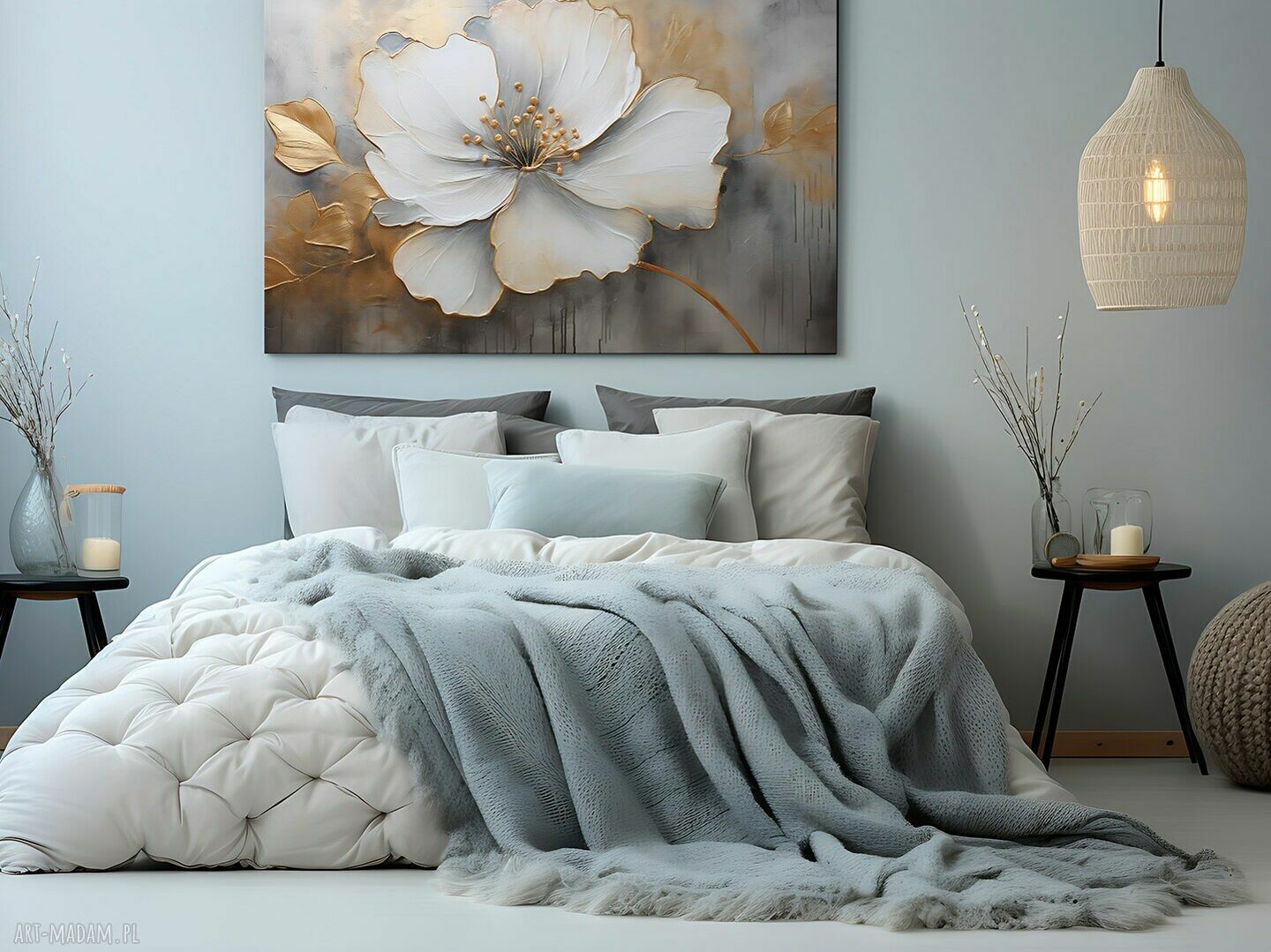 Kwiat Glamour - biały i złoty obraz na płótnie 120x80 cm