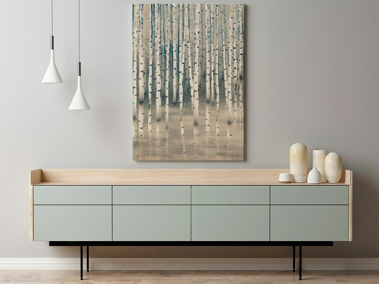 Obraz na płótnie brzoza i las beżowy w pionie 50x70 cm