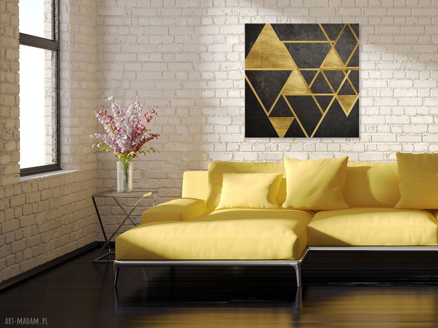 Obraz na płótnie - Trójkąty Geometryczne Złoto w kwadracie - 80x80 cm