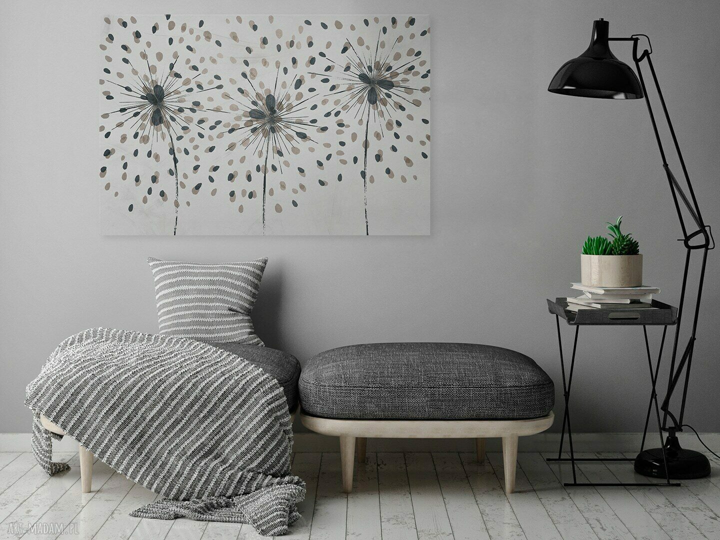 Obraz na płótnie - DMUCHAWIEC MINIMALIZM KROPKI BEŻOWY - 120x80 cm (88401)