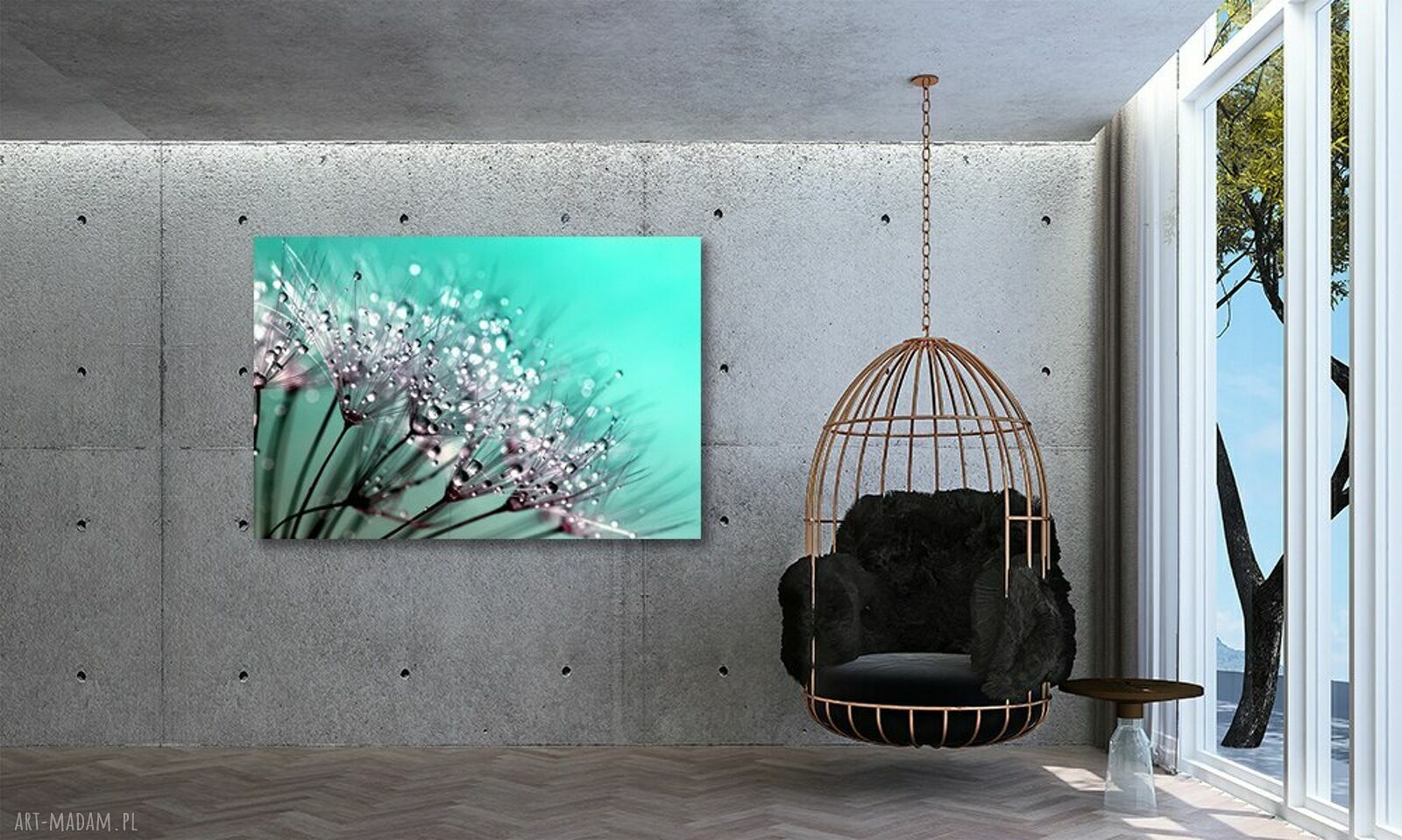Turkusowy obraz na płótnie - dmuchawce z kroplami rosy 120x80 cm