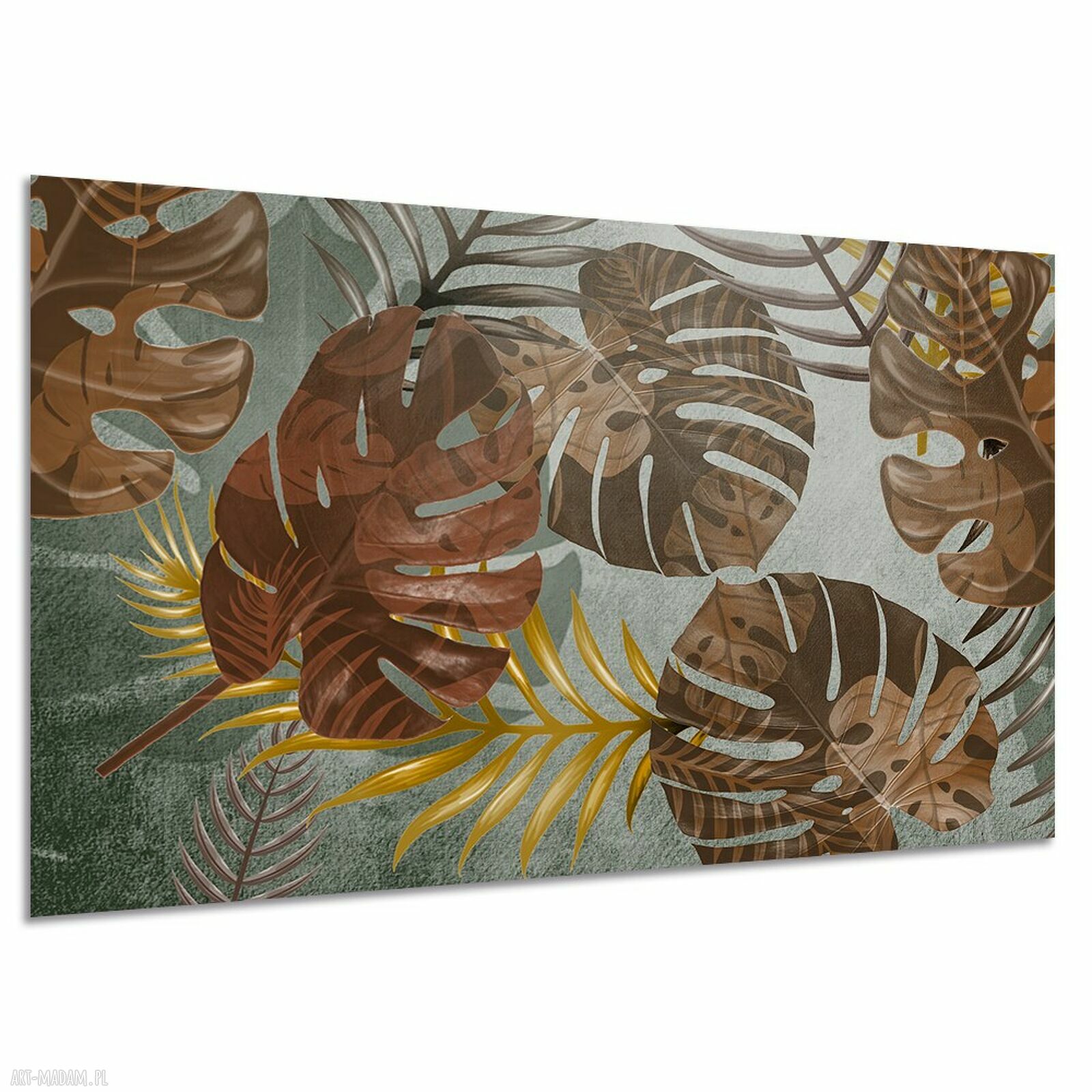 Obraz na płótnie do salonu - liście monstery w zieleni i złocie 120x80 cm