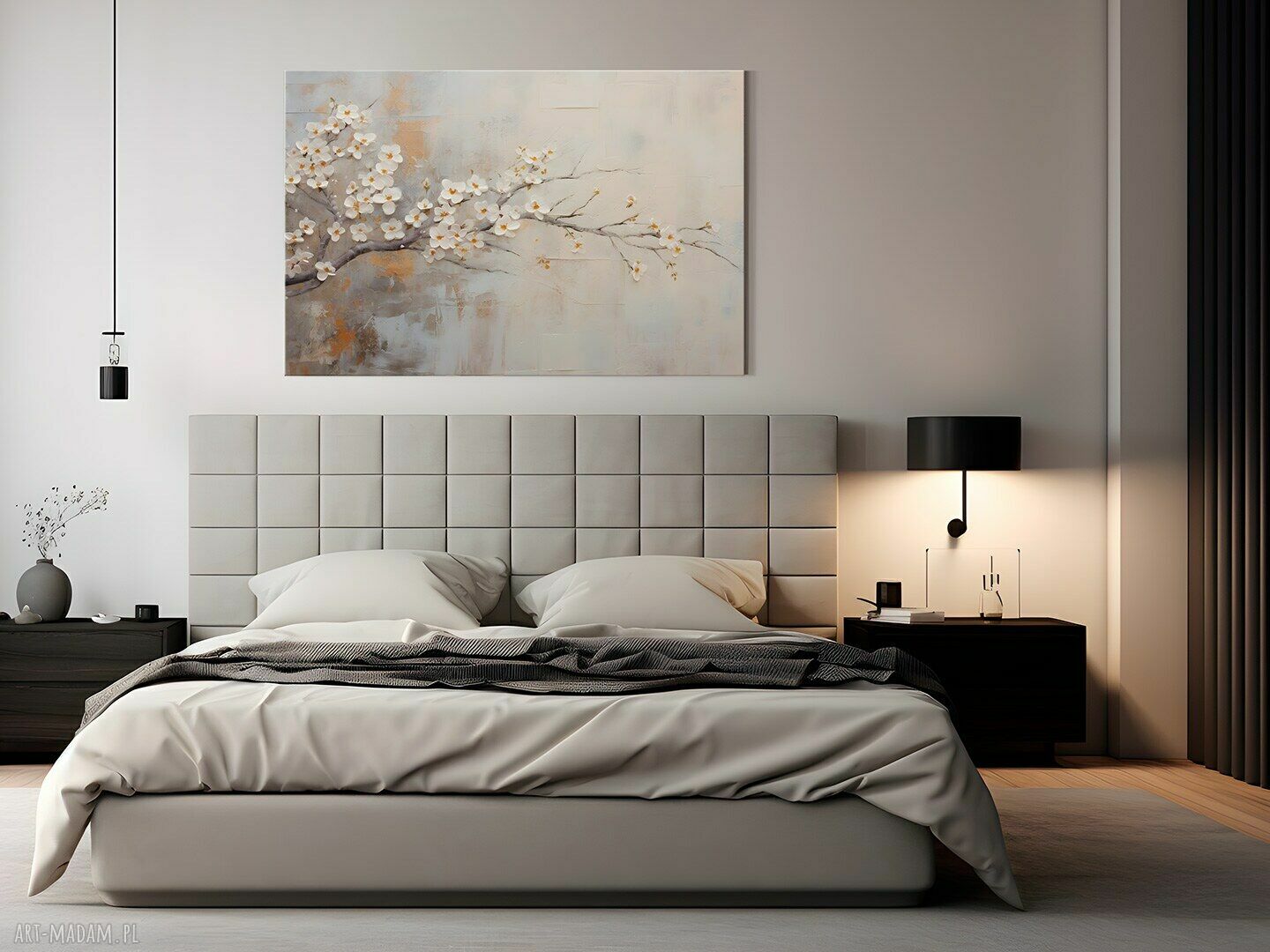 Kwiat wiśni na płótnie 120x80 cm - ciepłe beże i złote akcenty