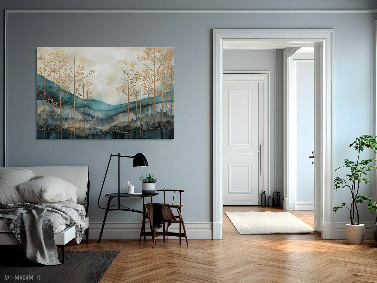 Turkusowy obraz na płótnie: las, góry i wzgórza 120x80 cm (103101)