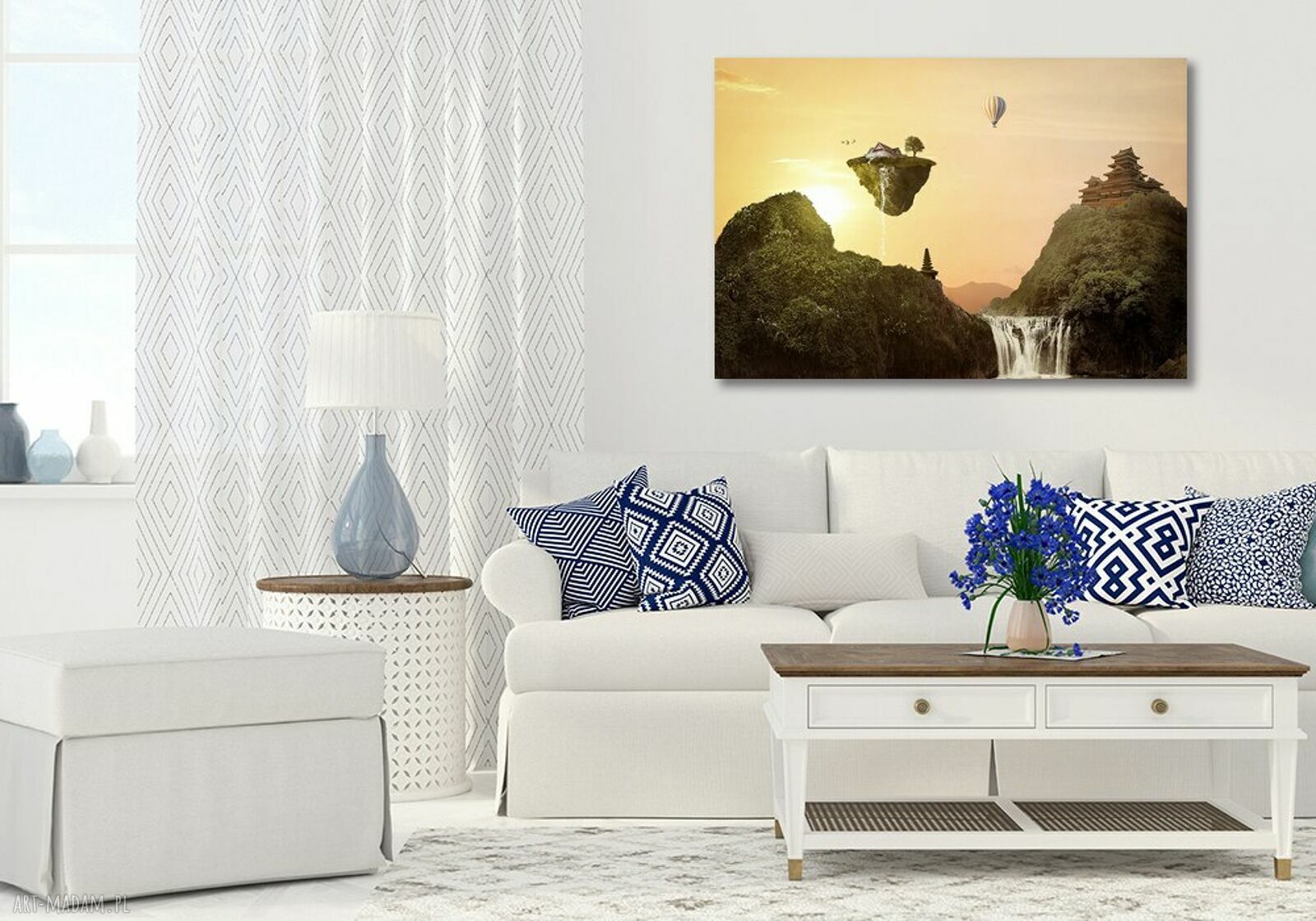 Fantastyczny obraz na płótnie z pagodą i balonem 120x80 cm