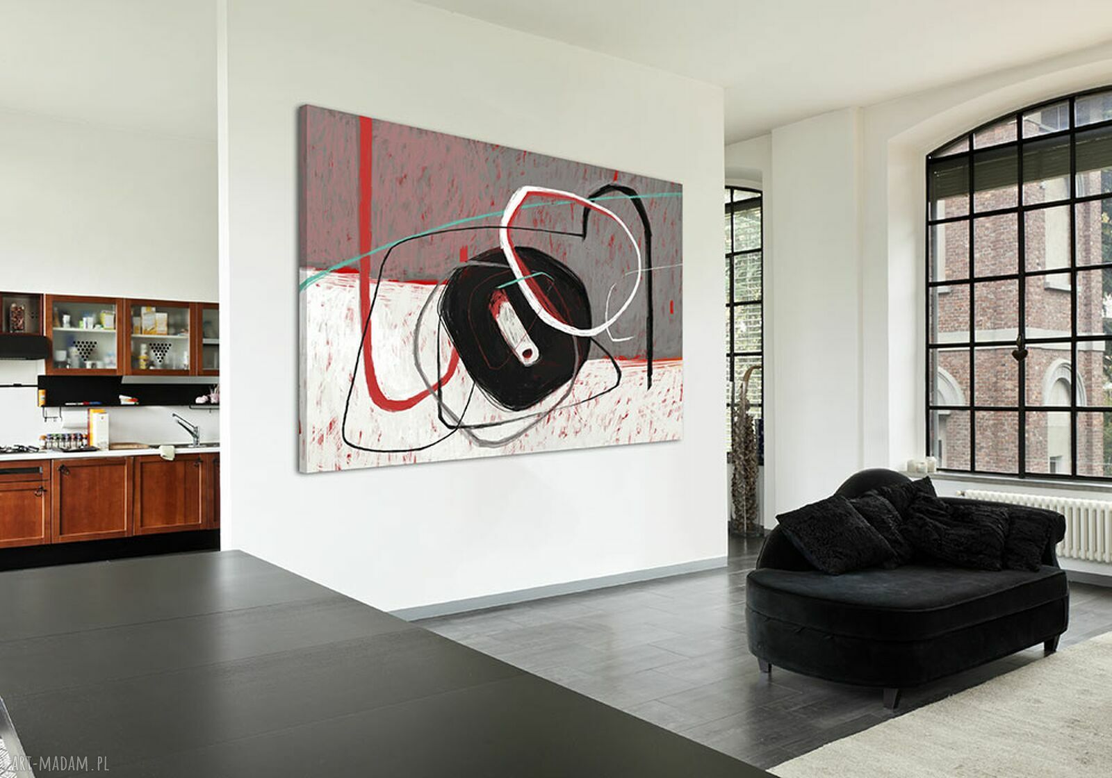 Abstrakcyjna kompozycja na płótnie w czerwieni, czerni i szarości 120x80 cm