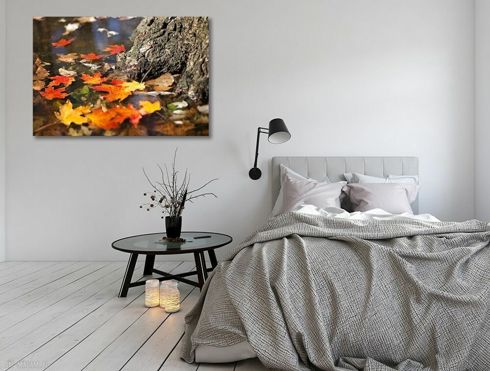 Jesienny obraz na płótnie - liście klonu, las i woda 120x80 cm
