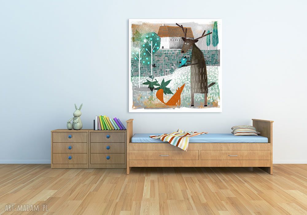 Kolorowy obraz na płótnie 40x40 Lisek, jeleń i ptak do pokoju dziecka