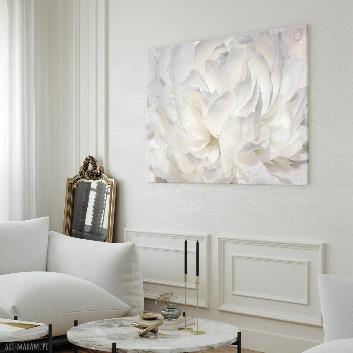 Obraz na płótnie 100x70 cm - romantyczna biała róża w kroplach rosy
