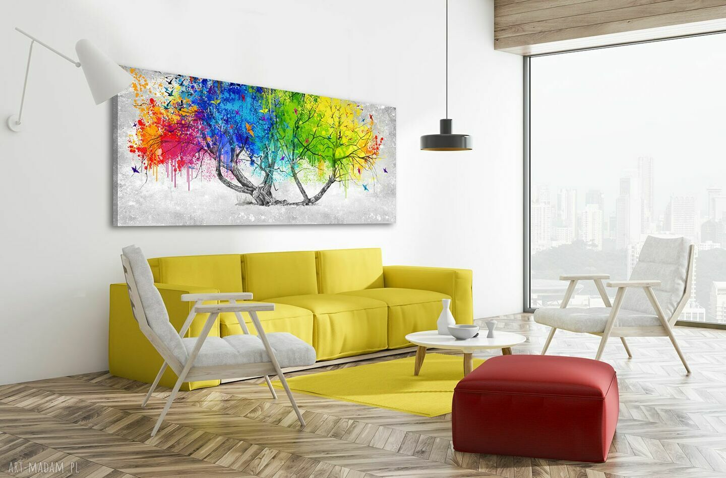 Abstrakcyjne drzewo z kolorowymi plamami - obraz na płótnie 147x60 cm