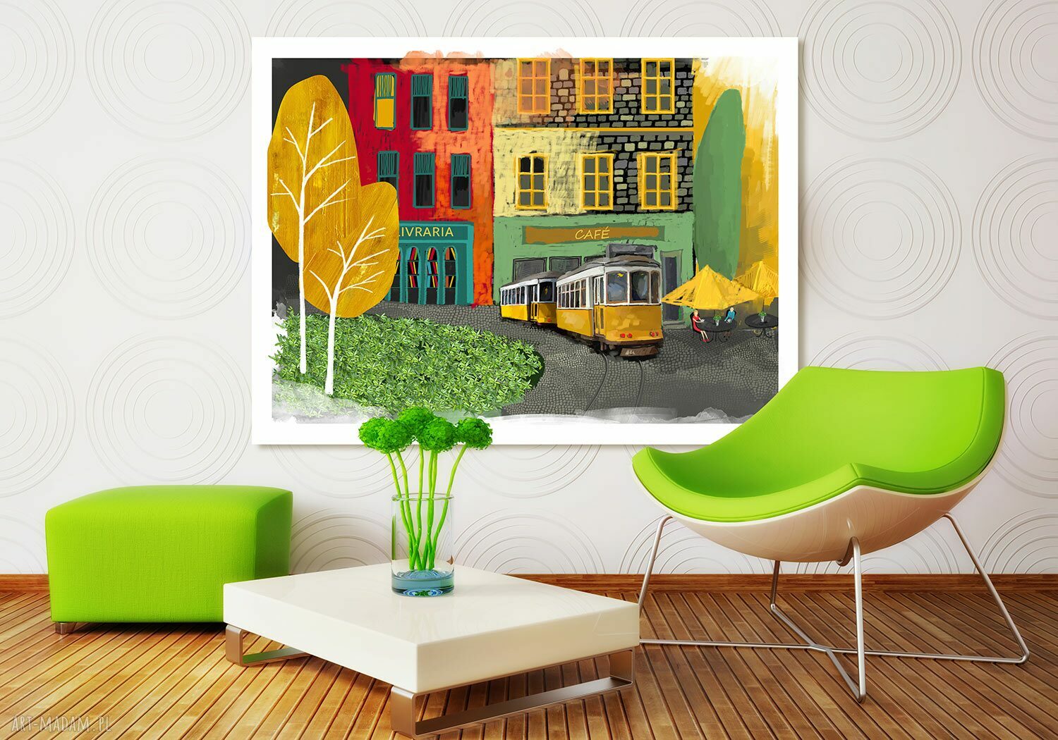 Żółty tramwaj przez Lizbonę - obraz na płótnie 120x80 cm