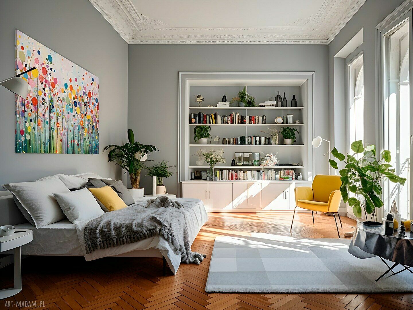 Abstrakcyjny obraz na płótnie z kwiatami i kołami - 120x80 cm do sypialni i salonu