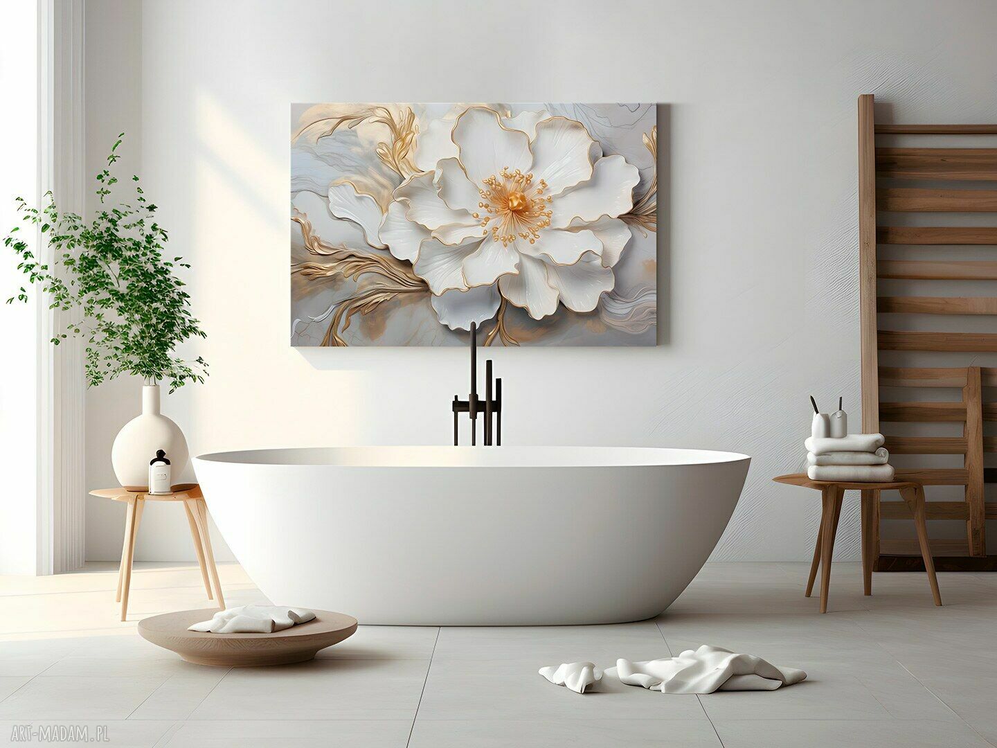 Kwiat Glamour Biały Złoty - obraz na płótnie 120x80 cm