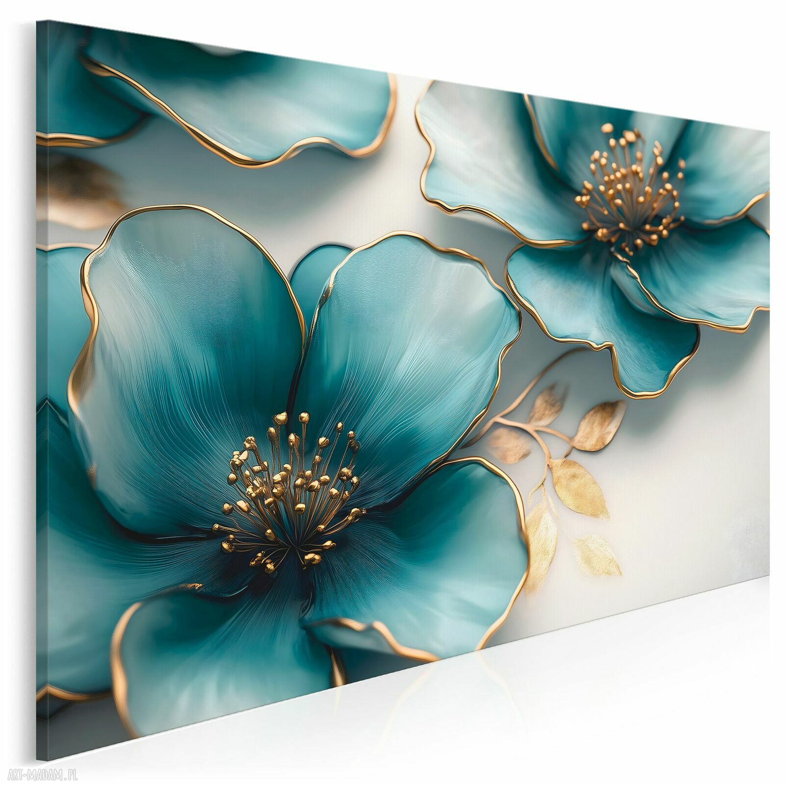 Obraz na płótnie Kwiat Glamour - biały, turkus i złoto 120x80 cm