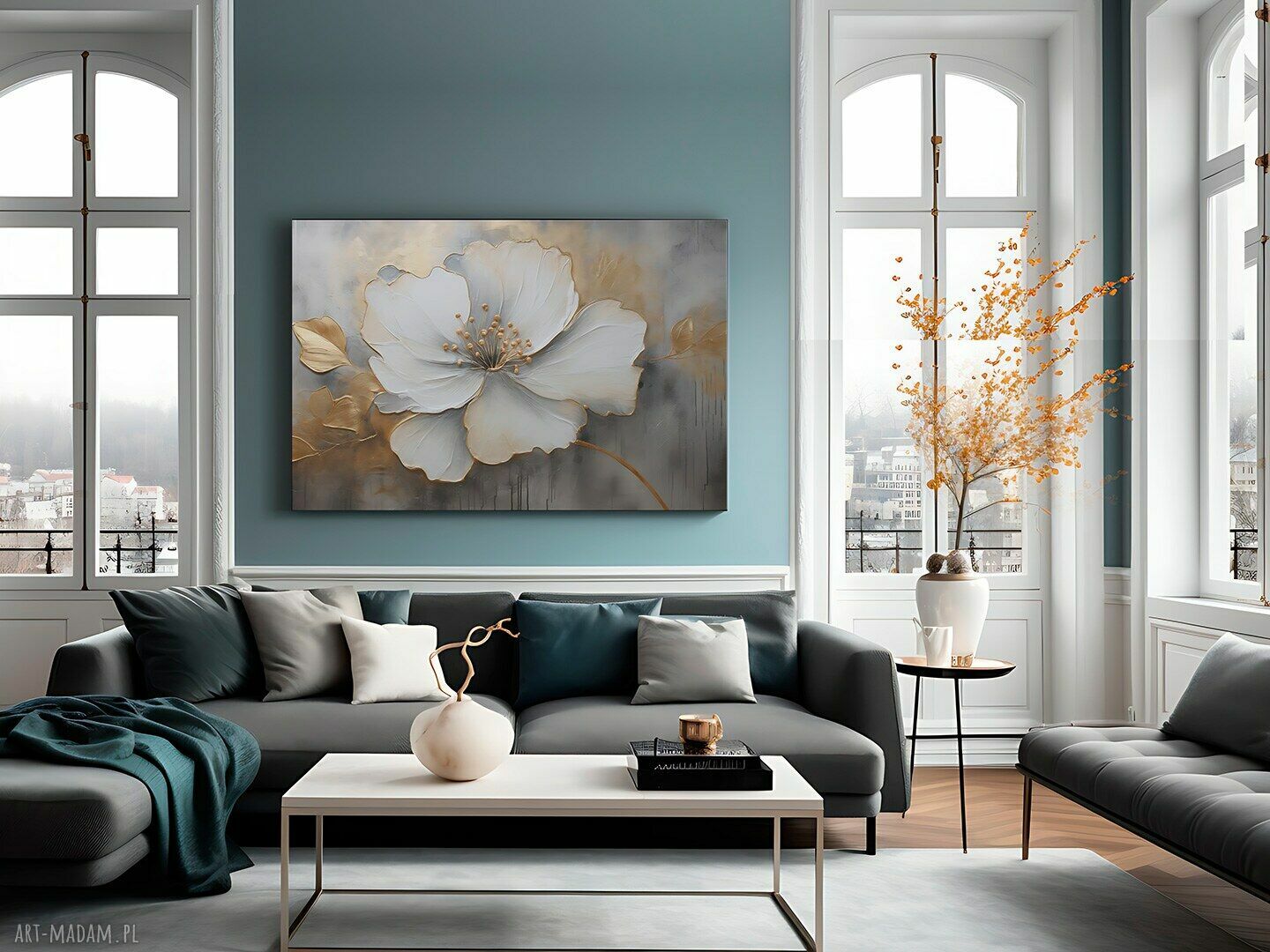 Kwiat Glamour - biały i złoty obraz na płótnie 120x80 cm
