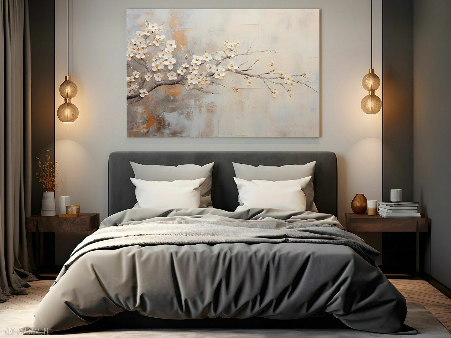 Kwiat wiśni na płótnie 120x80 cm - ciepłe beże i złote akcenty