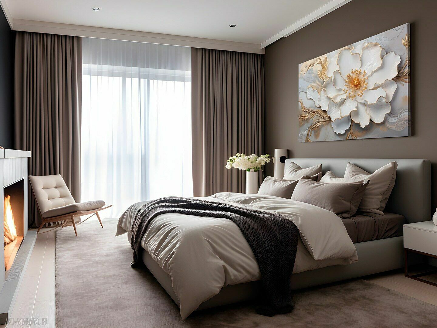 Kwiat Glamour Biały Złoty - obraz na płótnie 120x80 cm