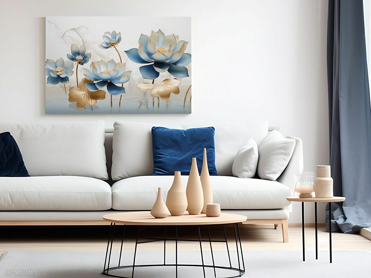Kwiaty Indygo i Złoto - nowoczesny obraz glamour art deco 120x80 cm