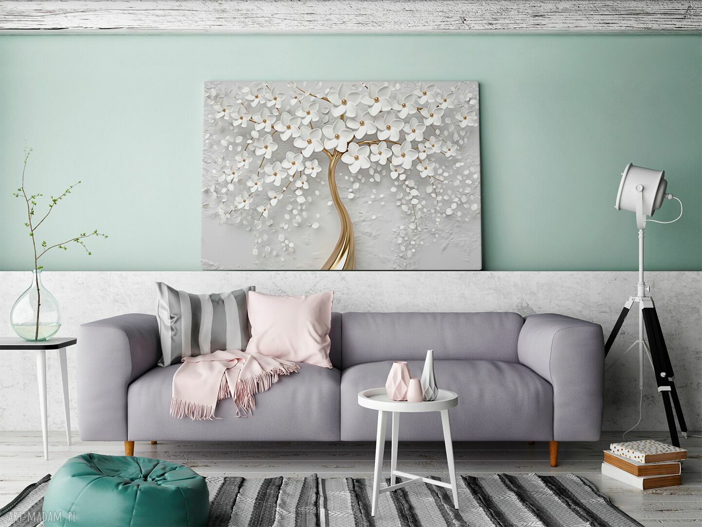Obraz na płótnie Drzewo biało-złote kwiaty 120x80 cm - glamour