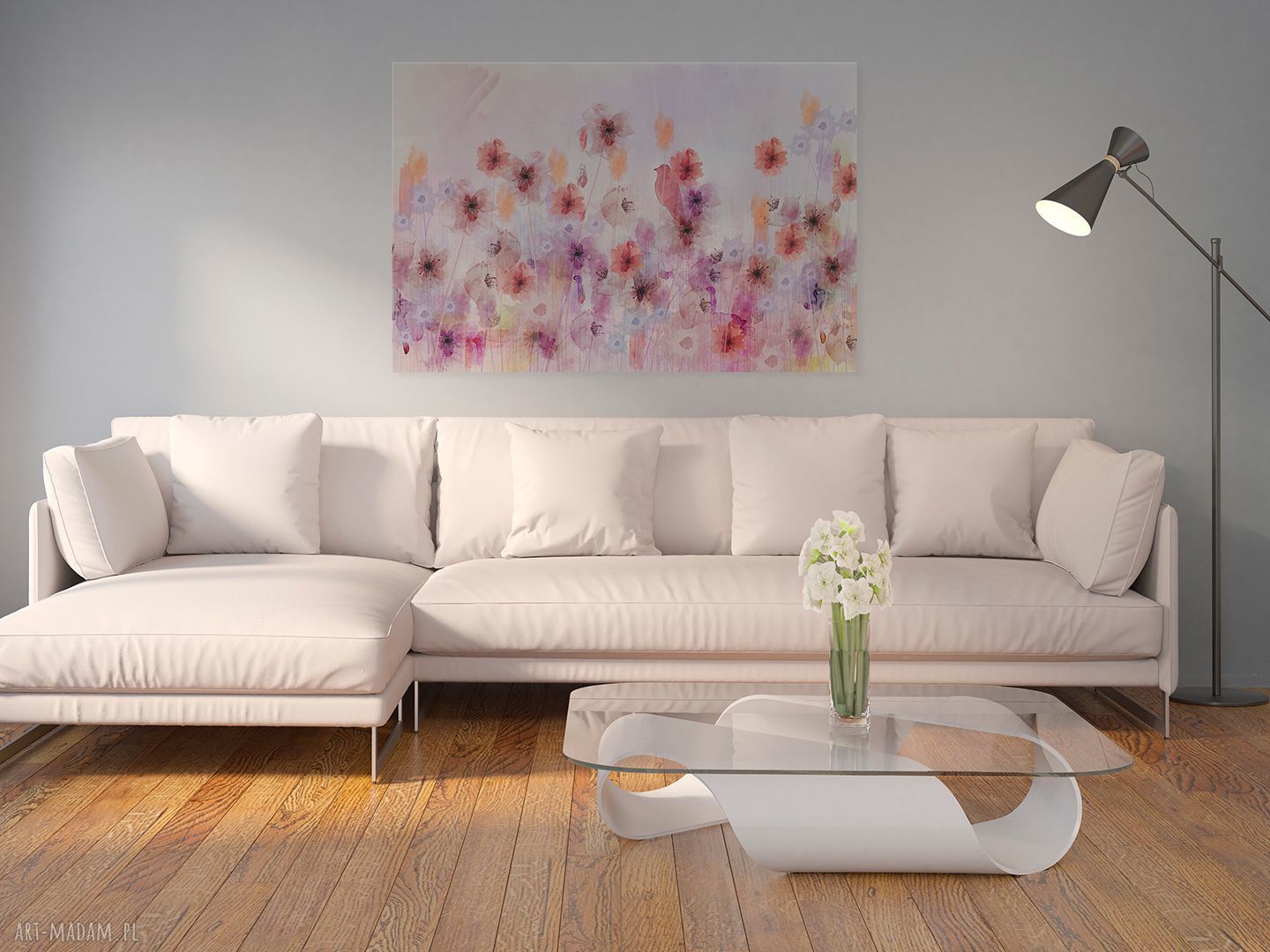 Obraz na płótnie - kwiaty łąka ptak różowy - 120x80 cm (86501)