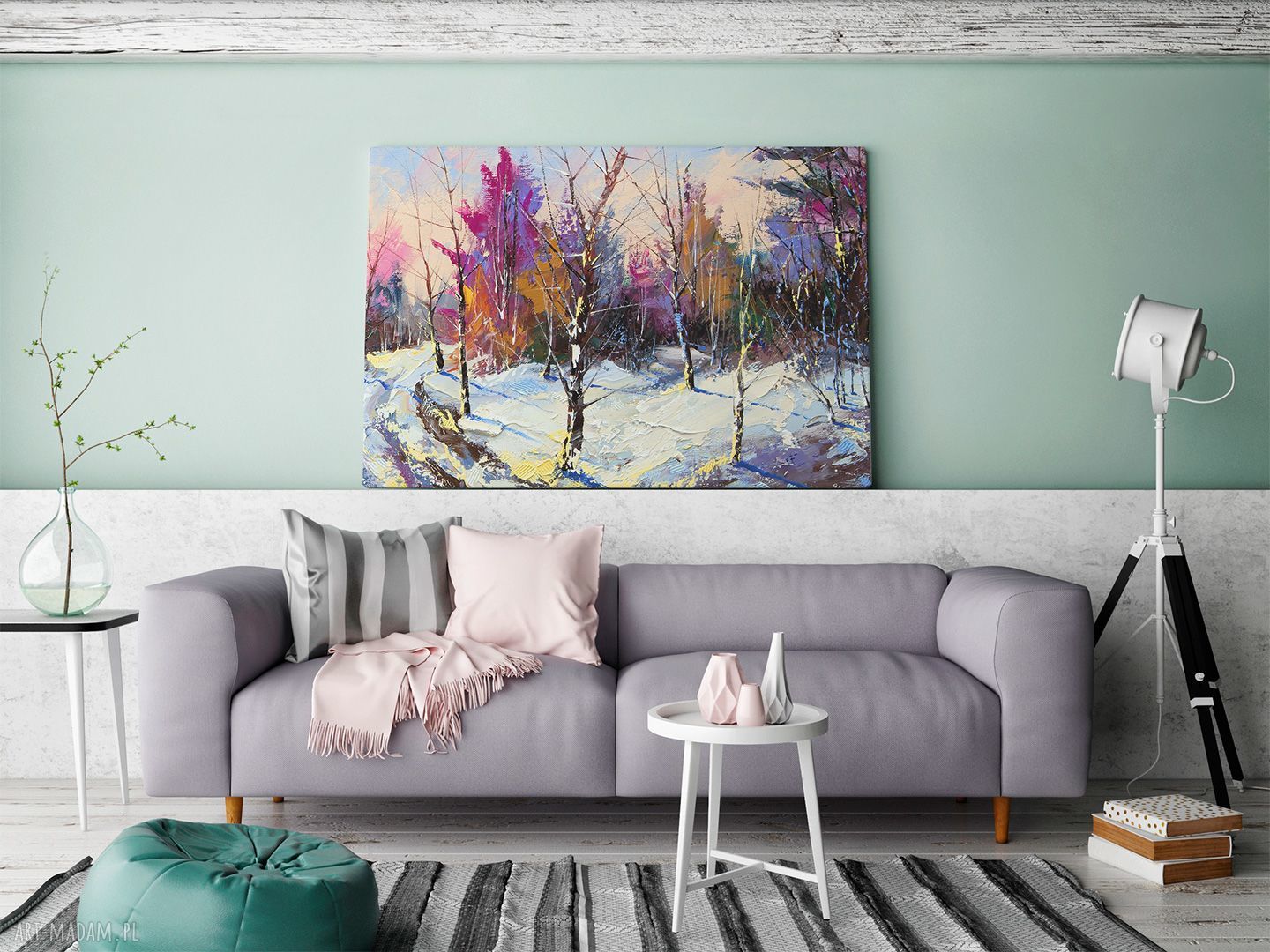 Obraz na płótnie - Las w śniegu, kolorowy klimat zimy 120x80 cm (2 cm)