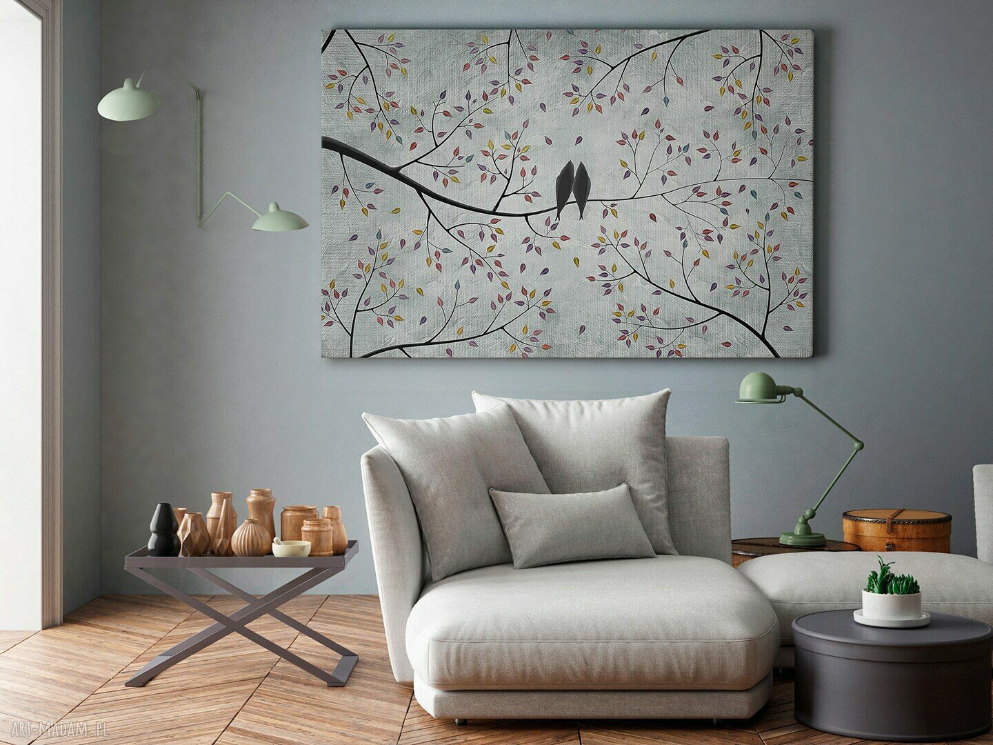 Autorski obraz na płótnie 120x80 cm - ptaki, gałęzie, liście i miłość