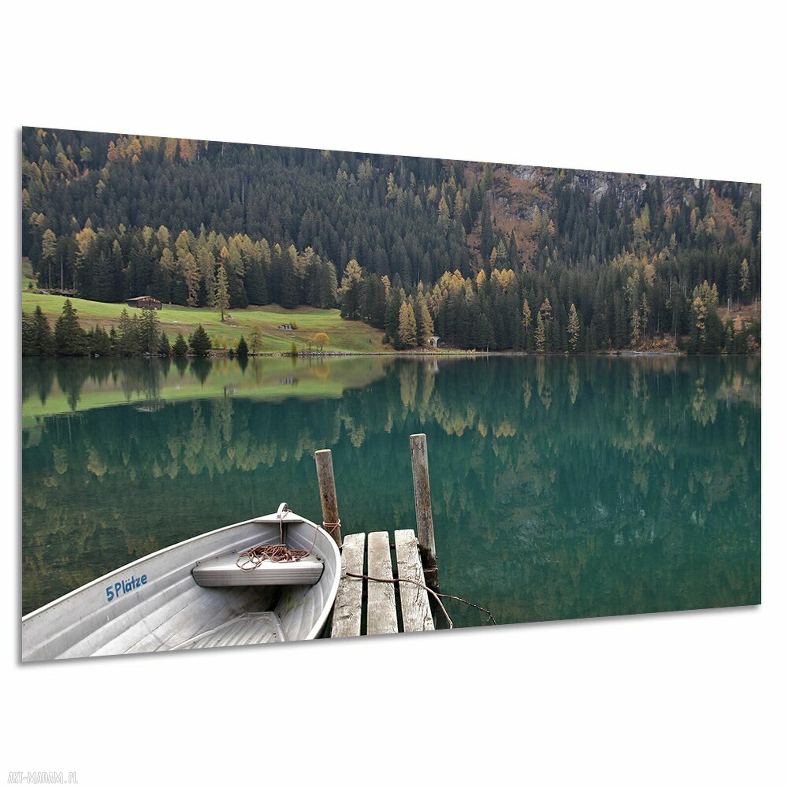 Obraz na płótnie z łódką, pomostem i jeziorem - pejzaż 120x80 cm