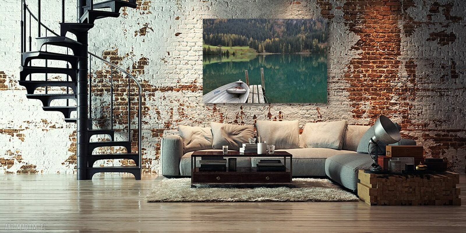 Obraz na płótnie z łódką, pomostem i jeziorem - pejzaż 120x80 cm