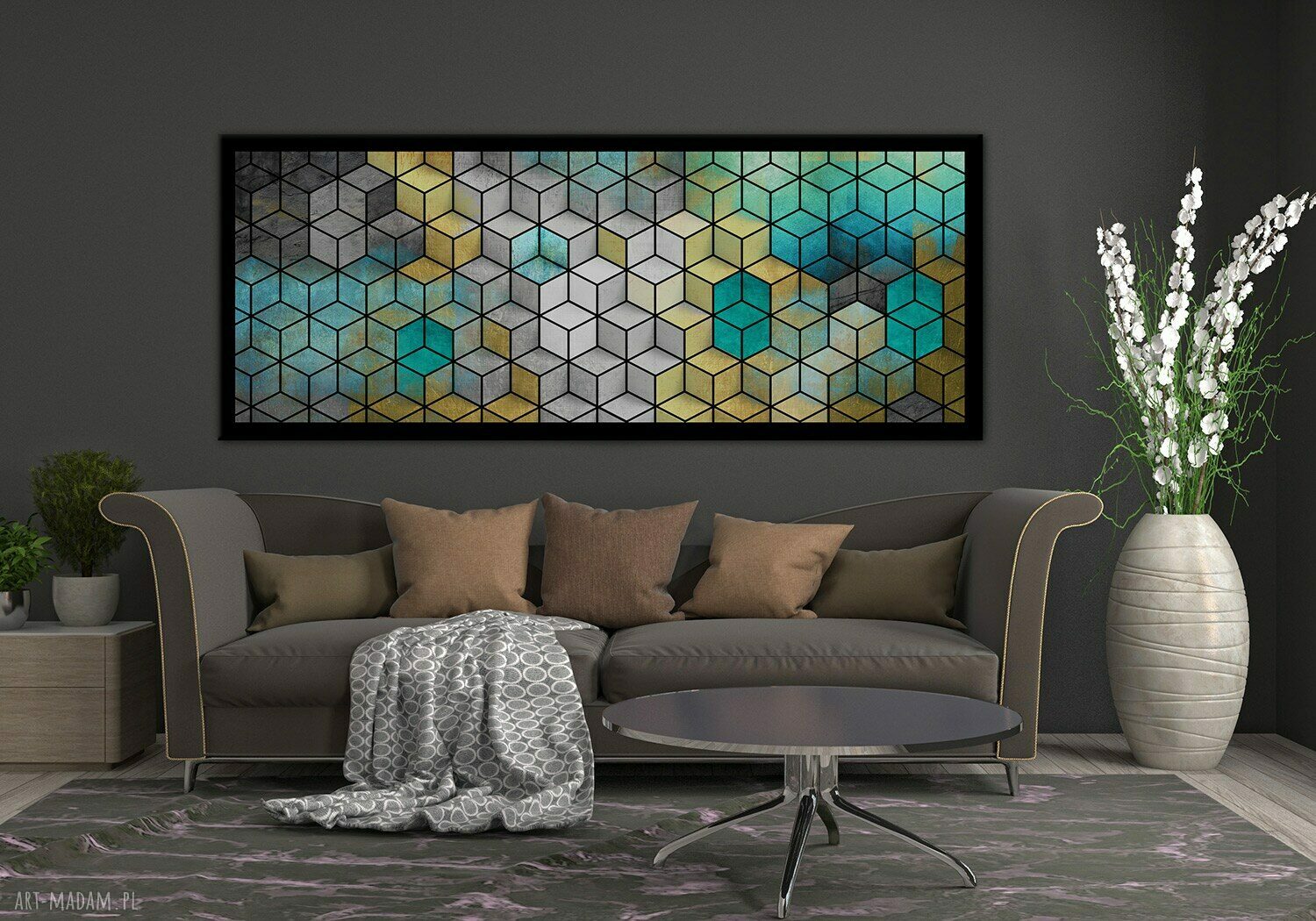 Obraz na płótnie 147x60 cm - abstrakcyjne sześciany, turkus, szary i beż