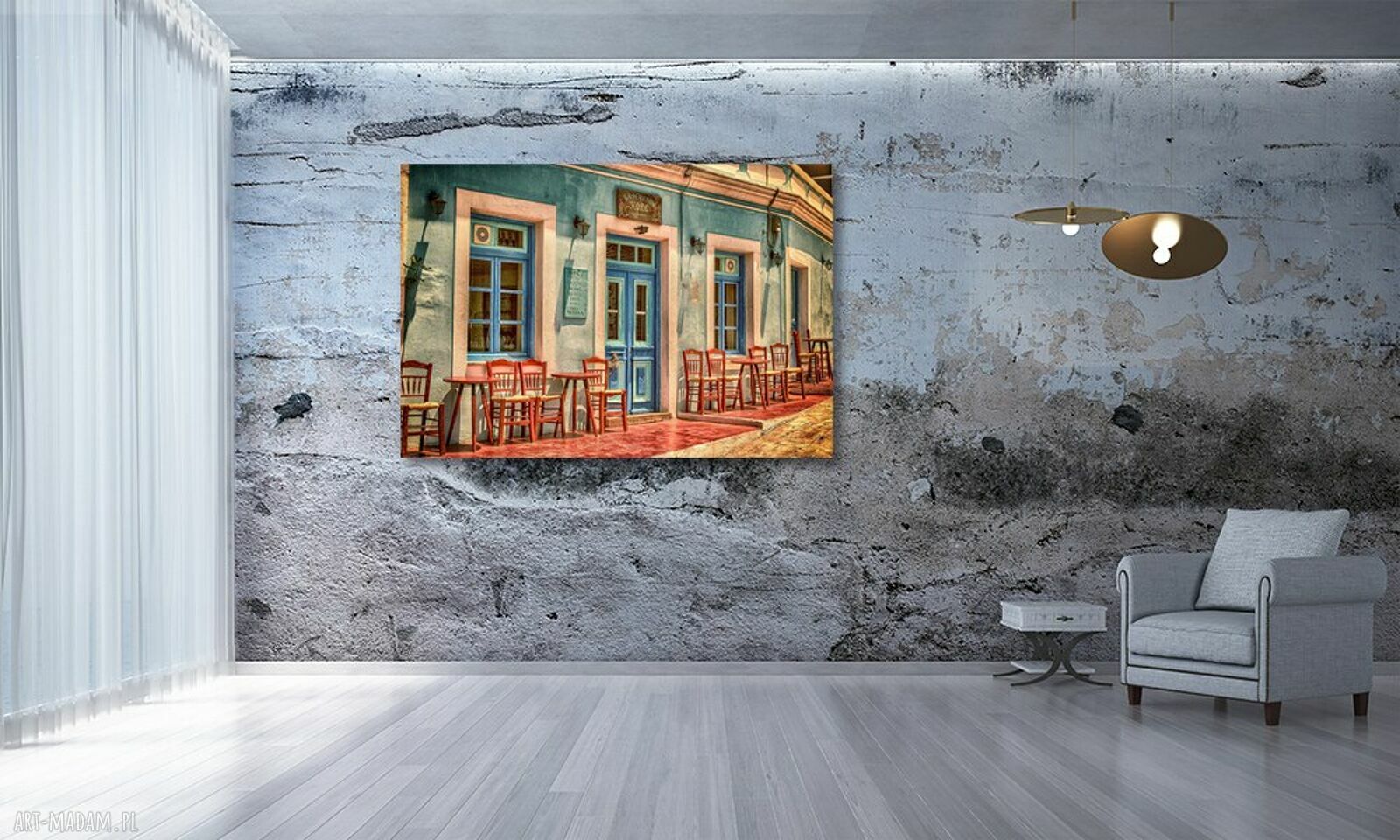 Obraz na płótnie Grecja - kawiarnia w klimatycznej uliczce 120x80 cm